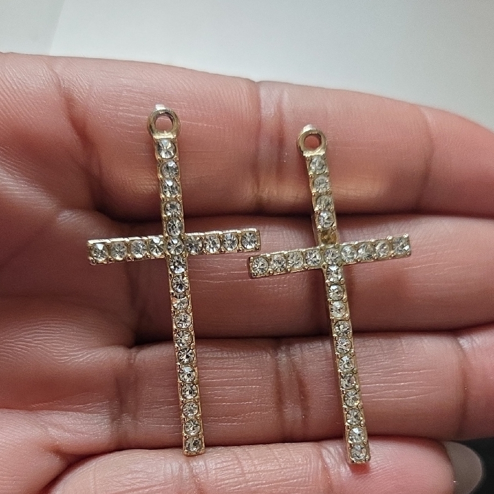 Gold Crystal Cross Pendant Charms - ** One Pendant Has A Missing Stone**